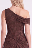 One Shoulder Espresso Clipped Jacquard Corset Bridesmaid Dress with Slit