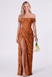 Off the Shoulder Corset Mermaid Clipped Jacquard Sage Bridesmaid Dress with Slit