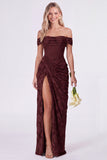 Off the Shoulder Corset Mermaid Clipped Jacquard Sage Bridesmaid Dress with Slit