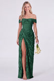 Off the Shoulder Corset Mermaid Clipped Jacquard Sage Bridesmaid Dress with Slit