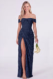 Off the Shoulder Corset Mermaid Clipped Jacquard Sage Bridesmaid Dress with Slit