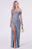 Off the Shoulder Corset Mermaid Clipped Jacquard Sage Bridesmaid Dress with Slit