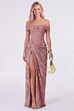 Off the Shoulder Corset Mermaid Clipped Jacquard Sage Bridesmaid Dress with Slit