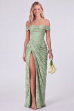 Off the Shoulder Corset Mermaid Clipped Jacquard Sage Bridesmaid Dress with Slit