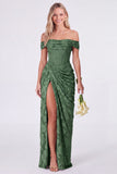 Off the Shoulder Corset Mermaid Clipped Jacquard Sage Bridesmaid Dress with Slit