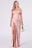 Off the Shoulder Corset Mermaid Clipped Jacquard Sage Bridesmaid Dress with Slit