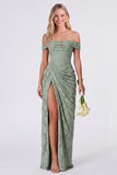 Off the Shoulder Corset Mermaid Clipped Jacquard Sage Bridesmaid Dress with Slit
