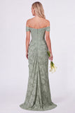 Off the Shoulder Corset Mermaid Clipped Jacquard Sage Bridesmaid Dress with Slit