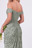 Off the Shoulder Corset Mermaid Clipped Jacquard Sage Bridesmaid Dress with Slit