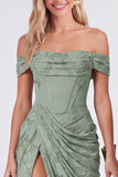 Off the Shoulder Corset Mermaid Clipped Jacquard Sage Bridesmaid Dress with Slit
