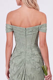 Off the Shoulder Corset Mermaid Clipped Jacquard Sage Bridesmaid Dress with Slit