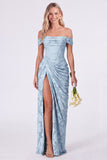 Off the Shoulder Corset Mermaid Clipped Jacquard Sage Bridesmaid Dress with Slit