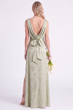 Apricot Cowl Neck Bow Jacquard Long Bridesmaid Dress with Slit