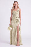 Apricot Cowl Neck Bow Jacquard Long Bridesmaid Dress with Slit