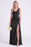 Apricot Cowl Neck Bow Jacquard Long Bridesmaid Dress with Slit
