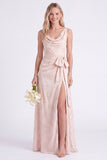 Apricot Cowl Neck Bow Jacquard Long Bridesmaid Dress with Slit