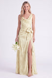 Apricot Cowl Neck Bow Jacquard Long Bridesmaid Dress with Slit