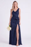 Apricot Cowl Neck Bow Jacquard Long Bridesmaid Dress with Slit