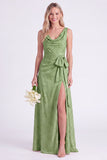Apricot Cowl Neck Bow Jacquard Long Bridesmaid Dress with Slit