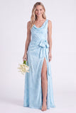 Apricot Cowl Neck Bow Jacquard Long Bridesmaid Dress with Slit