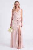 Apricot Cowl Neck Bow Jacquard Long Bridesmaid Dress with Slit
