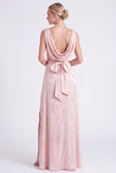 Apricot Cowl Neck Bow Jacquard Long Bridesmaid Dress with Slit