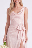 Apricot Cowl Neck Bow Jacquard Long Bridesmaid Dress with Slit