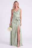 Apricot Cowl Neck Bow Jacquard Long Bridesmaid Dress with Slit