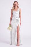 Apricot Cowl Neck Bow Jacquard Long Bridesmaid Dress with Slit