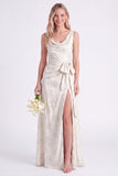 Apricot Cowl Neck Bow Jacquard Long Bridesmaid Dress with Slit