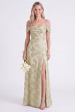 Green Cold Shoulder Jacquard Lace-up Back Long Bridesmaid Dress with Slit