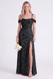 Green Cold Shoulder Jacquard Lace-up Back Long Bridesmaid Dress with Slit