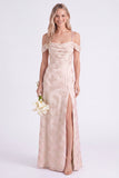Green Cold Shoulder Jacquard Lace-up Back Long Bridesmaid Dress with Slit