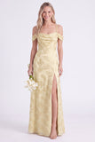 Green Cold Shoulder Jacquard Lace-up Back Long Bridesmaid Dress with Slit