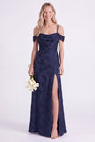 Green Cold Shoulder Jacquard Lace-up Back Long Bridesmaid Dress with Slit