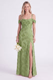 Green Cold Shoulder Jacquard Lace-up Back Long Bridesmaid Dress with Slit