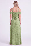Green Cold Shoulder Jacquard Lace-up Back Long Bridesmaid Dress with Slit