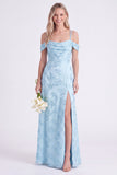 Green Cold Shoulder Jacquard Lace-up Back Long Bridesmaid Dress with Slit