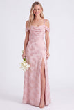 Green Cold Shoulder Jacquard Lace-up Back Long Bridesmaid Dress with Slit