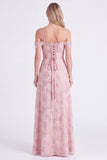 Green Cold Shoulder Jacquard Lace-up Back Long Bridesmaid Dress with Slit