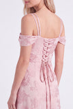 Green Cold Shoulder Jacquard Lace-up Back Long Bridesmaid Dress with Slit