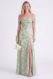 Green Cold Shoulder Jacquard Lace-up Back Long Bridesmaid Dress with Slit
