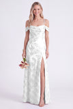 Green Cold Shoulder Jacquard Lace-up Back Long Bridesmaid Dress with Slit