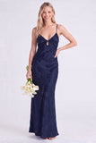 Blue Jacquard Keyhole Spaghetti Straps Long Bridesmaid Dress