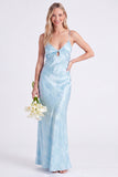 Blue Jacquard Keyhole Spaghetti Straps Long Bridesmaid Dress