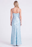 Blue Jacquard Keyhole Spaghetti Straps Long Bridesmaid Dress