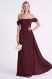 Off the Shoulder Burnt Orange Chiffon Long Bridesmaid Dress with Sash