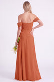 Off the Shoulder Burnt Orange Chiffon Long Bridesmaid Dress with Sash