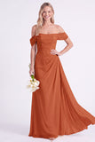 Off the Shoulder Burnt Orange Chiffon Long Bridesmaid Dress with Sash