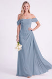 Off the Shoulder Burnt Orange Chiffon Long Bridesmaid Dress with Sash